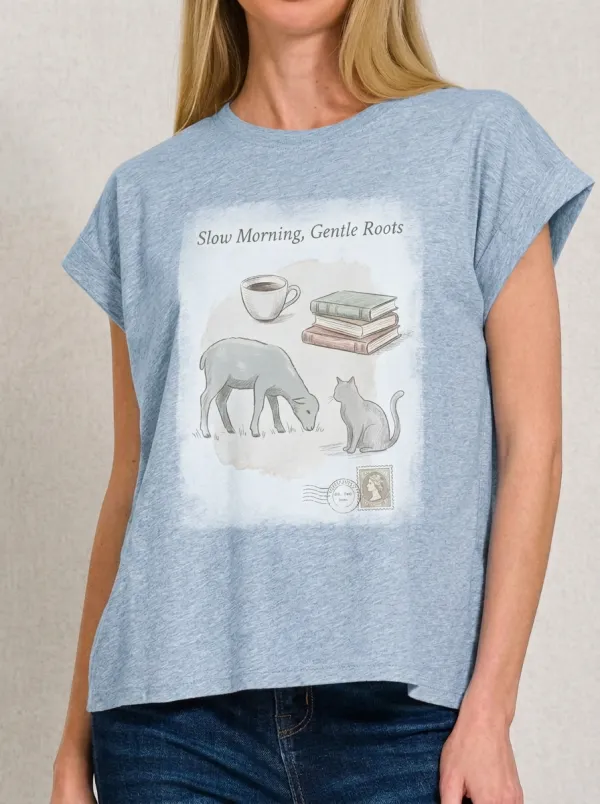 Women's Cozy Cottagecore Sheep Cat Book Coffee Printed T-shirt