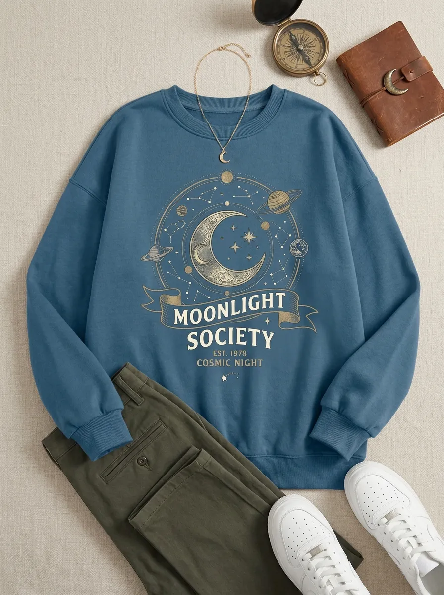 Women's Moonlight Society Celestial Moon Stars Printed T-shirt