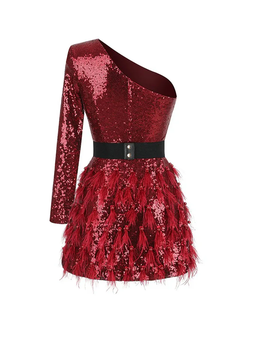 Adeline One Shoulder Sequins&Feather Cocktail Dress