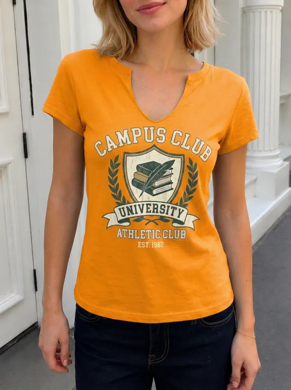 Women's Campus Club University Book Feather Printed V-neck T-shirt