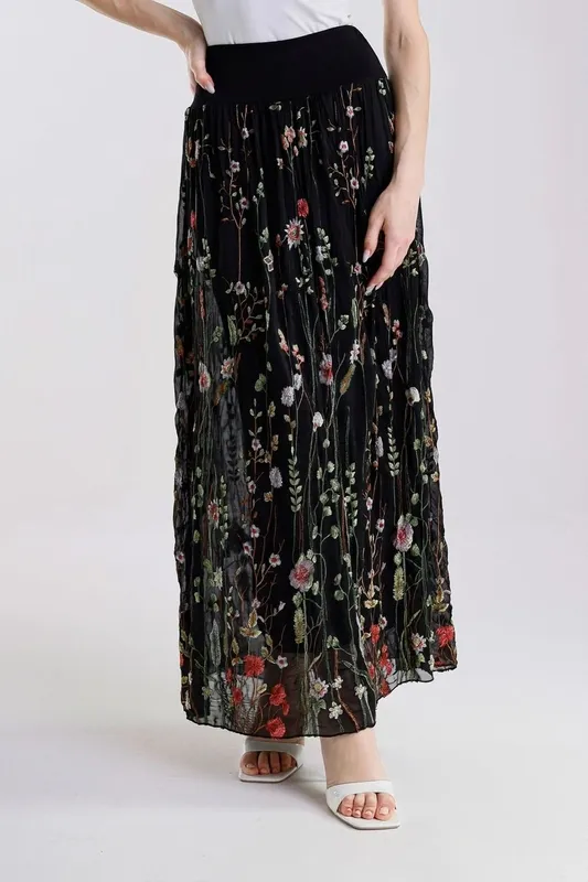 Silk Embroidered Floral Skirt