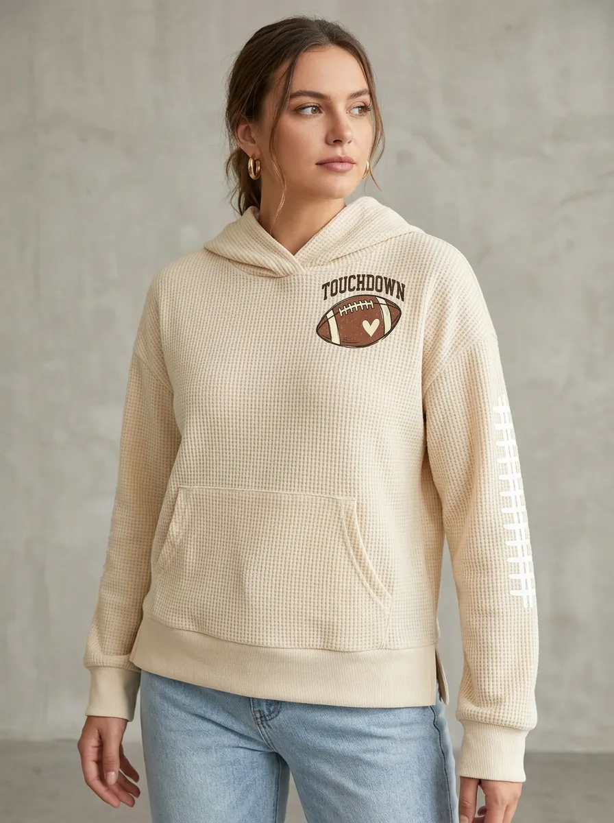 Women's Football Lover Touchdown Heart Printed Waffle Hoodie
