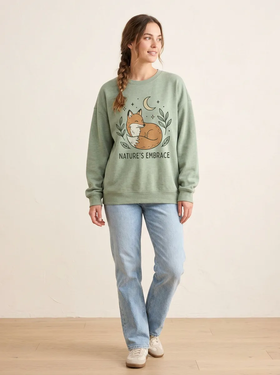 Women's Nature Lover Sleeping Fox Moon Printed Sweatshirt