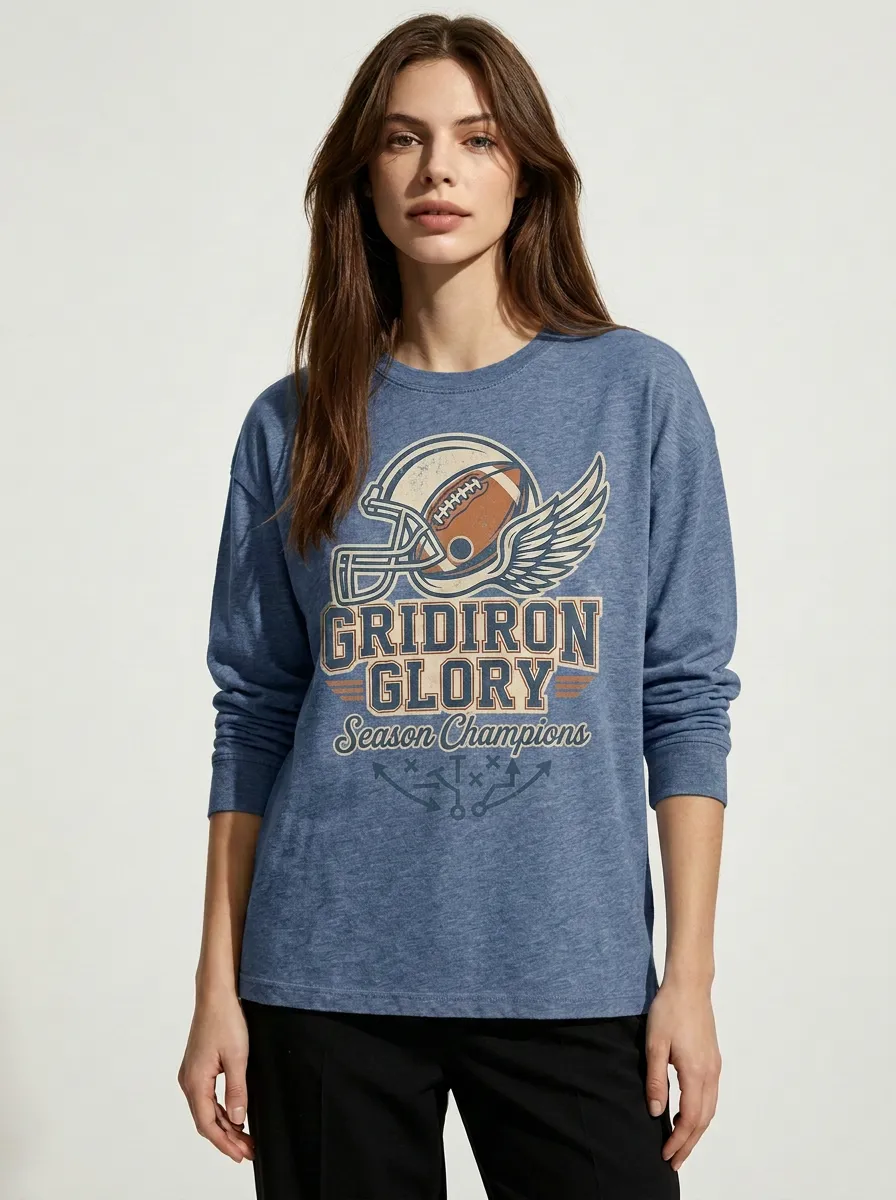 Women's Football Fan Gridiron Glory Winged Helmet Printed Long Sleeve T-Shirt