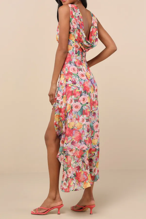 Casual Style Red Multi Floral Ruffled Cowl Back Maxi Dress