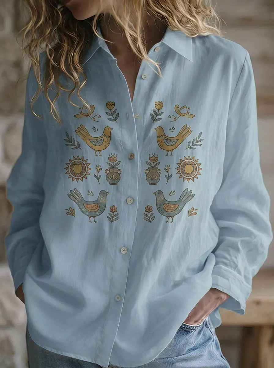 Women's Folk Art Bird and Floral Printed Button-up Shirt