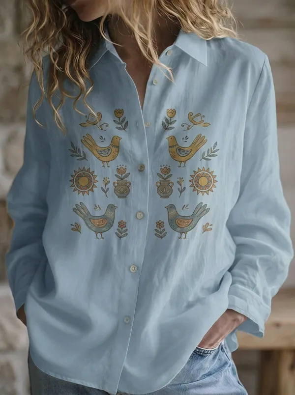 Women's Folk Art Bird and Floral Printed Button-up Shirt
