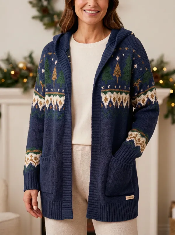 Christmas Holiday Tree Fair Isle Patterned Hooded Cardigan