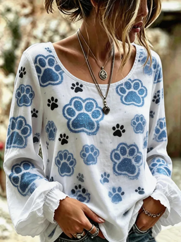 Women'S Paw Print Pattern Cotton Linen Casual Top