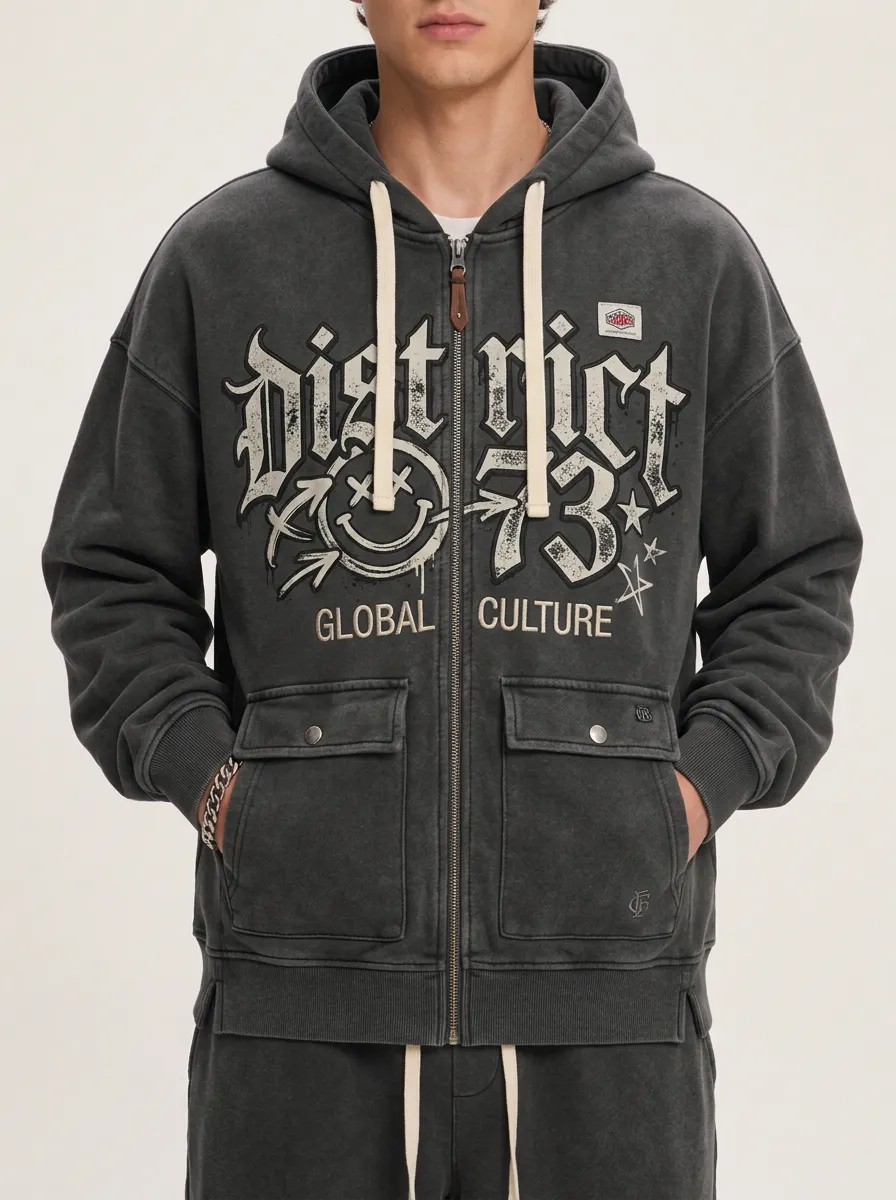 Men's Streetwear District 73 Smiley Graphic Printed Zip-up Hoodie