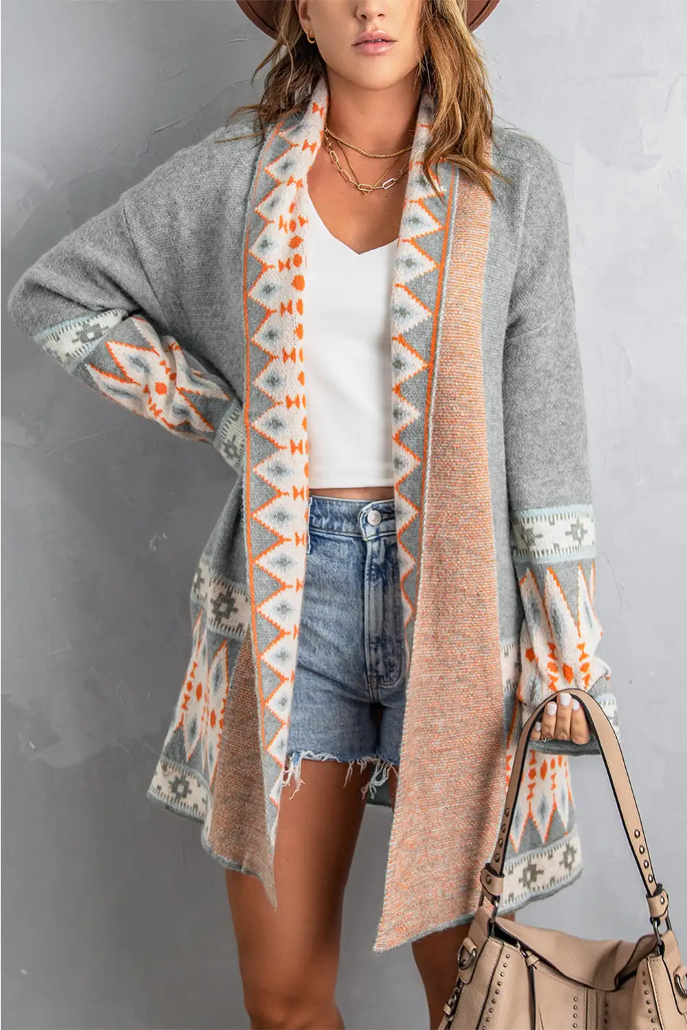 Print Open Front Knit Long Sleeve Cardigan