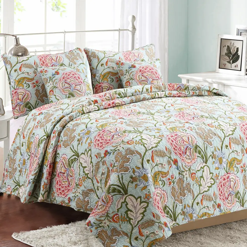 Cotton Floral Reversible Tropical Quilt Bedding Set