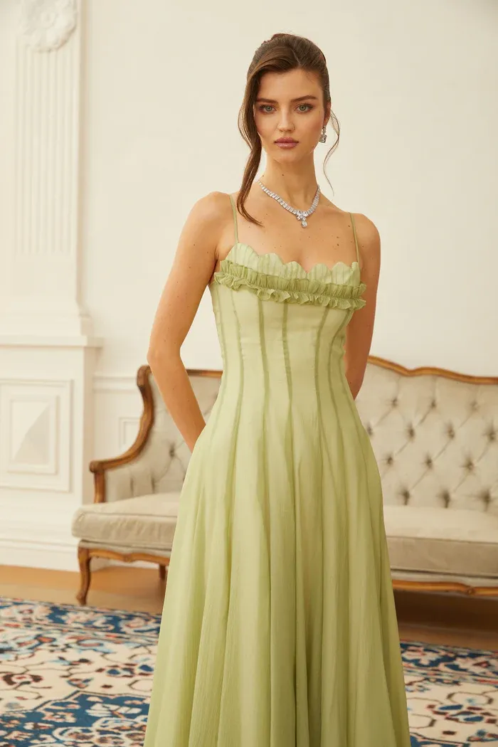 Matcha Ruffled Shirred Tulle Maxi Dress