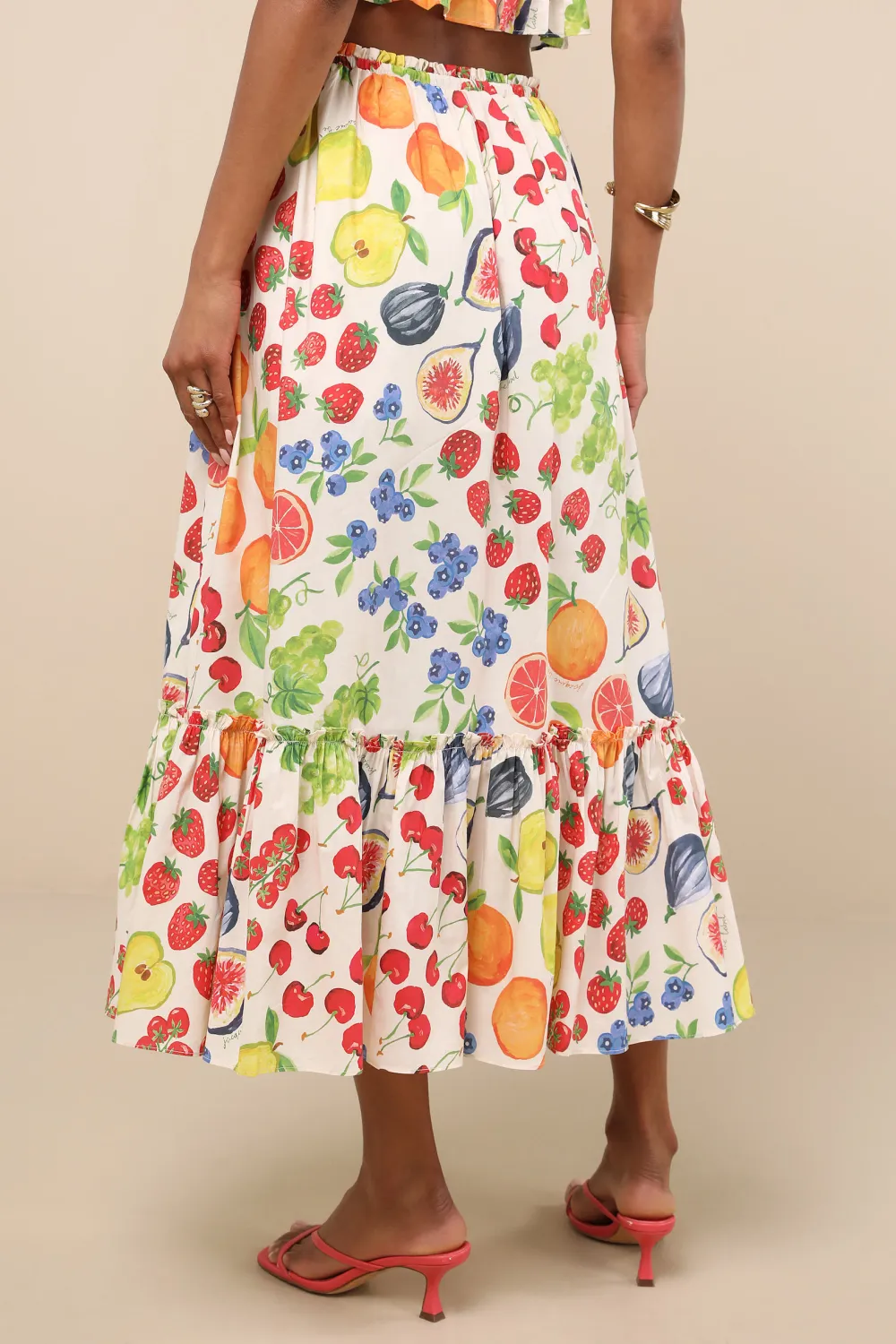 Casual Style White Multi Fruit Print Tiered Midi Skirt