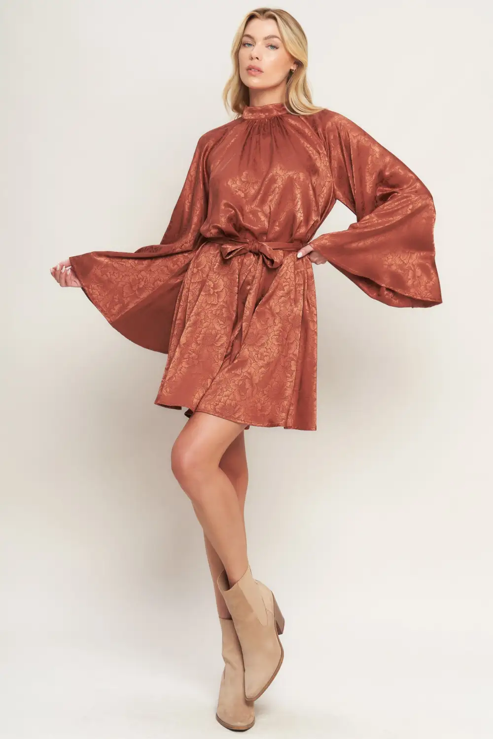 Bell-Sleeve Satin Mini Dress