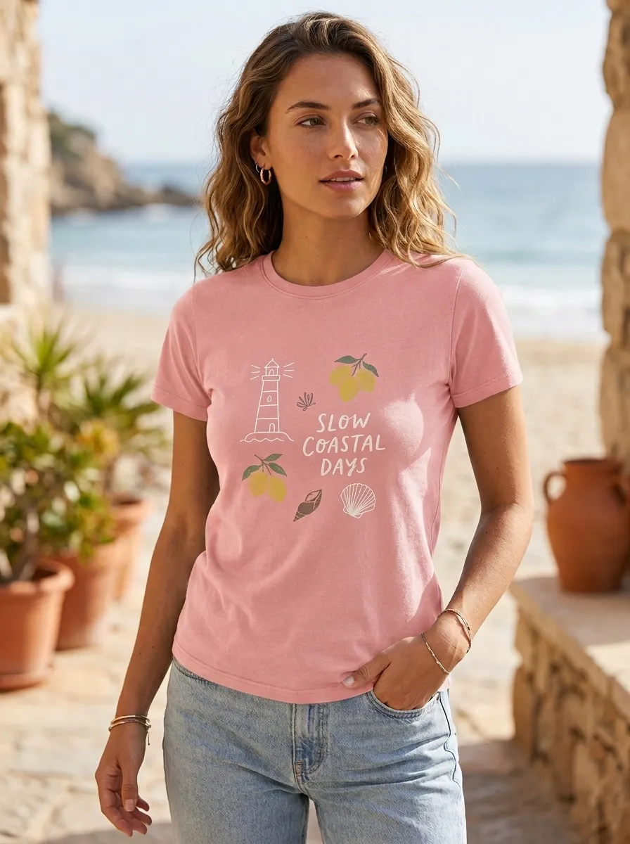 Women's Coastal Summer Lover Lighthouse Lemon Shell Printed T-shirt
