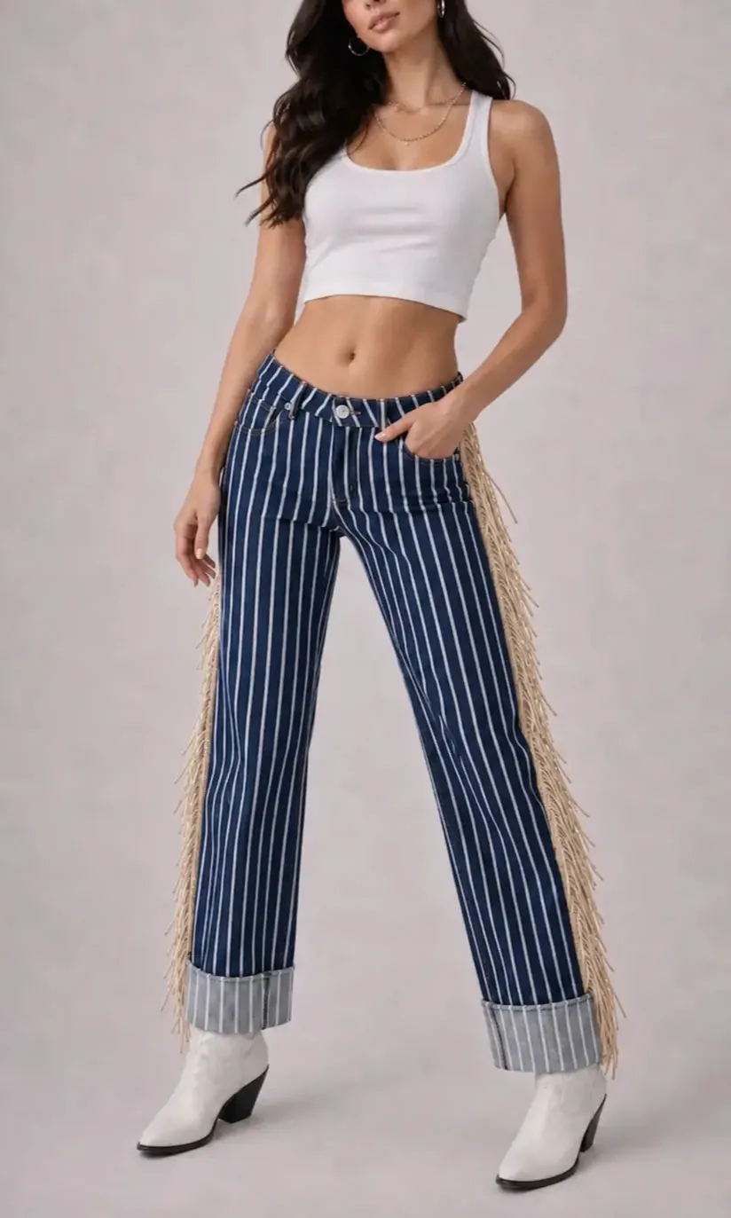 Fringe Detail Wide Leg Cuffed Low Rise Western Style Everyday Denim Jeans