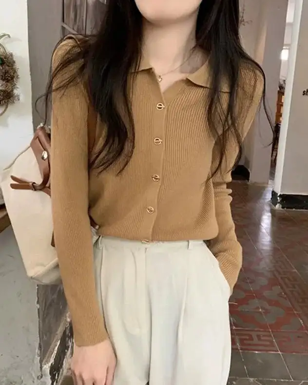 Polyester-Blend Button-Front Polo-Collar Relaxed-Fit Cardigan