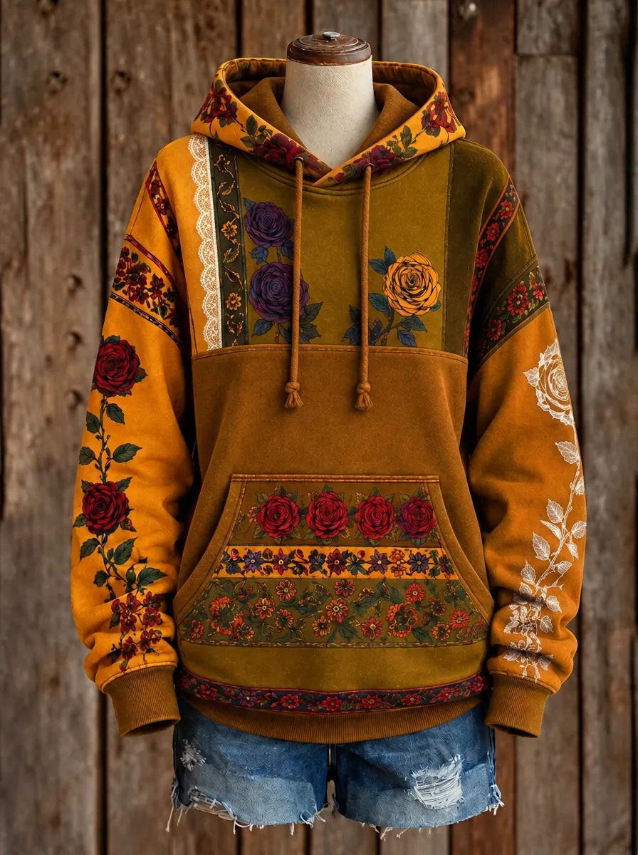 Women's Western Boho Rose Floral Patchwork Printed Hoodie