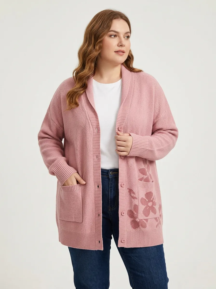Women's Pink Floral Pattern Knitted Button-Up Cardigan