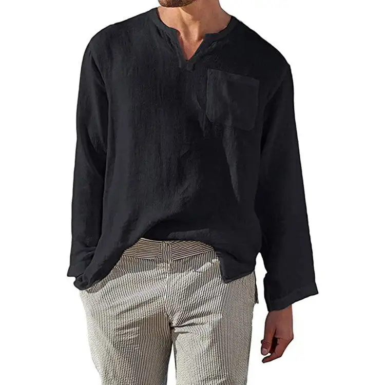 Men's Linen Long-Sleeve Shirt With Henley Neckline And Chest Pocket