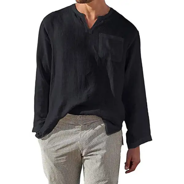 Men's Linen Long-Sleeve Shirt With Henley Neckline And Chest Pocket