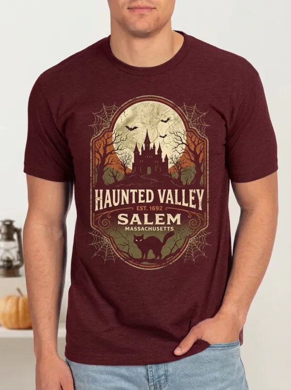 Men's Halloween Salem Haunted Valley Black Cat Printed T-shirt
