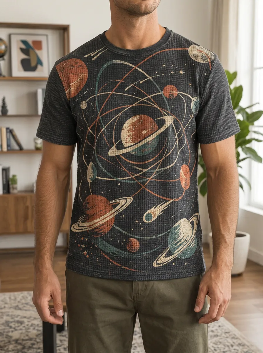 Men's Space Astronomy Solar System Signature Crew Neck T-Shirt