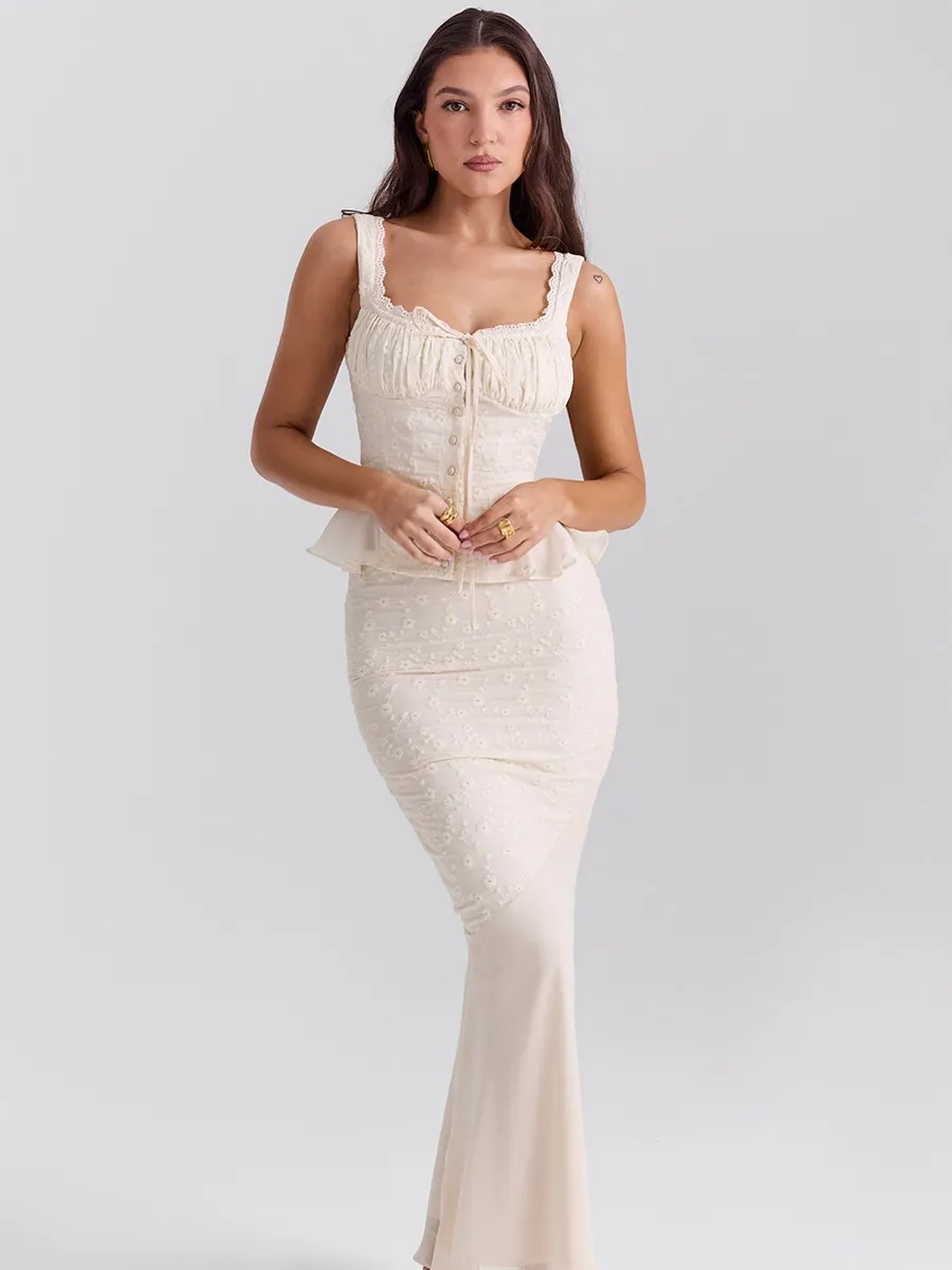 Ophelia Vintage Cream Cotton Maxi Skirt Set