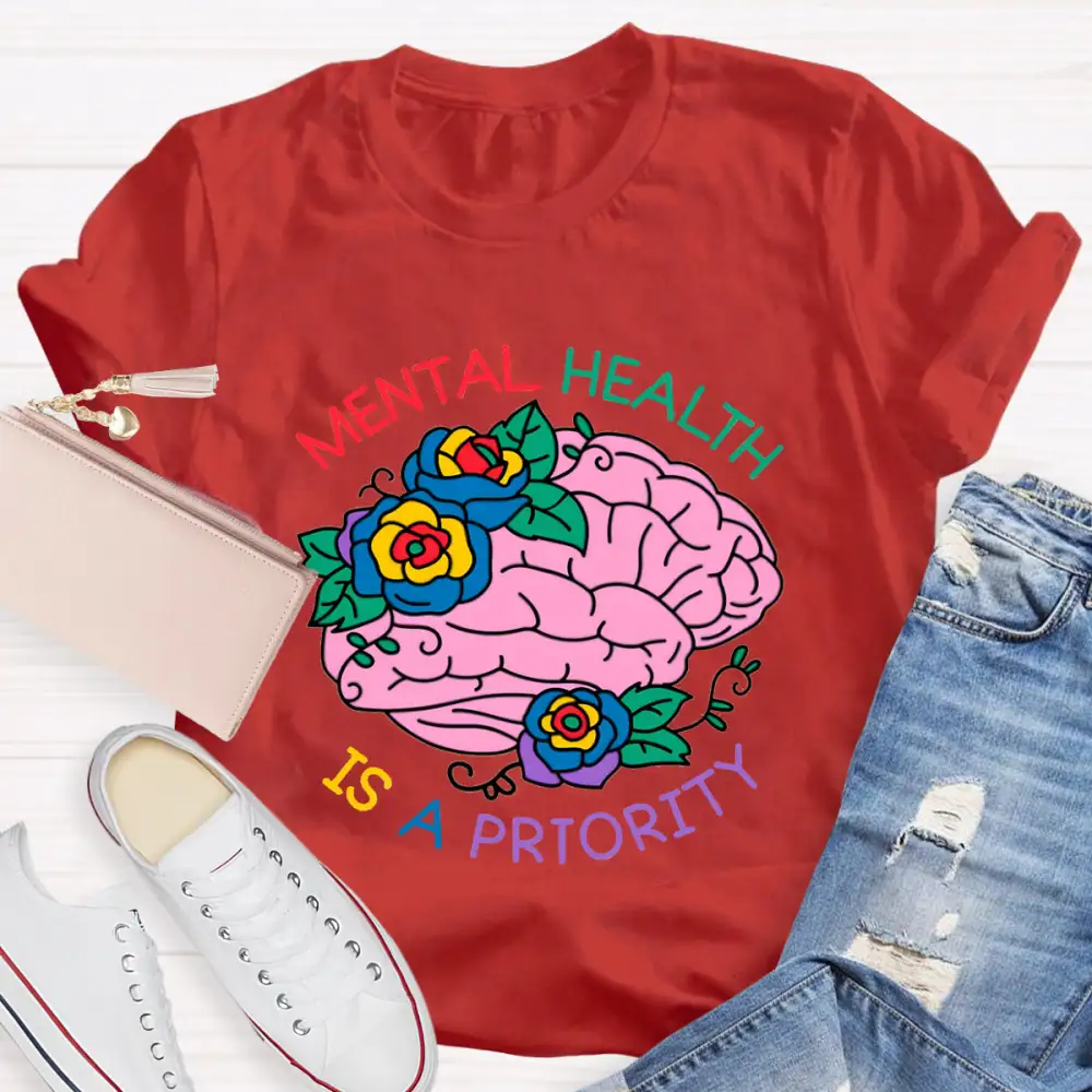 Mental Health Is A Priority Floral Brain T-Shirt