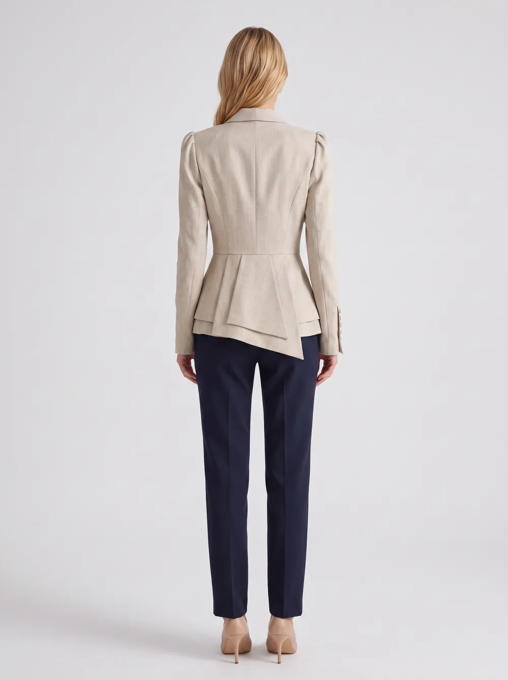 Women's Elegant Business Beige Pleated Gold-Button Blazer Jacket
