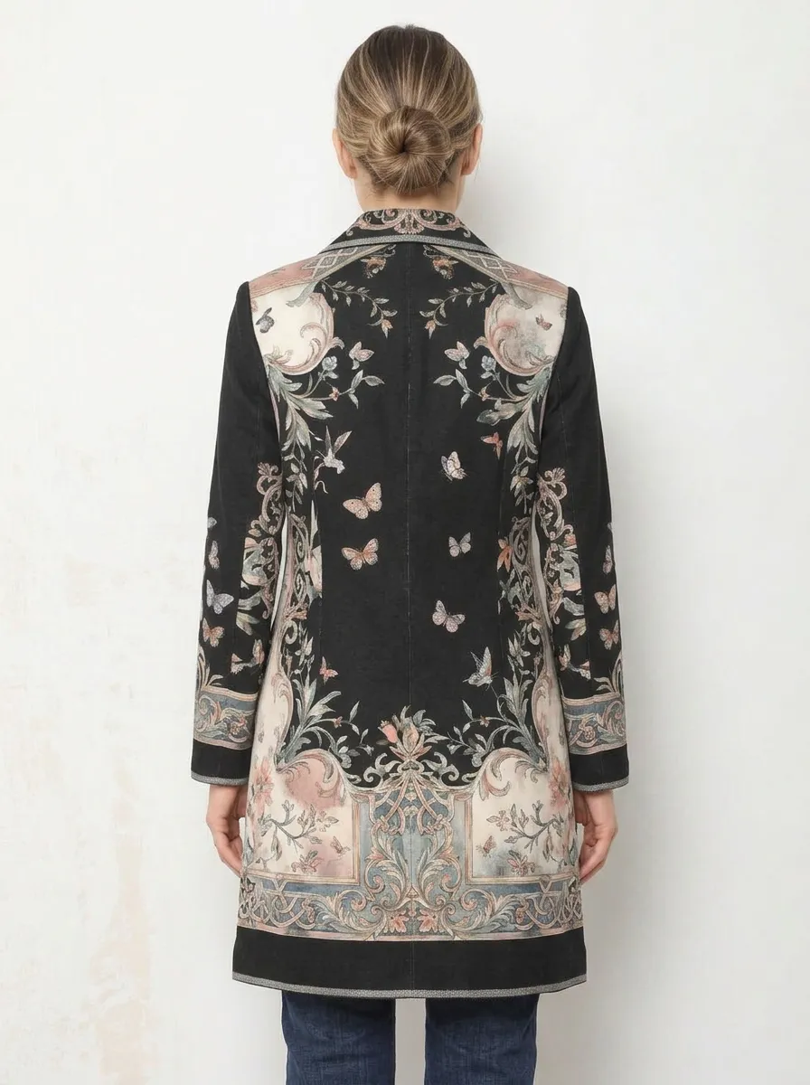 Women's Vintage Floral Butterfly Baroque Printed Long Blazer