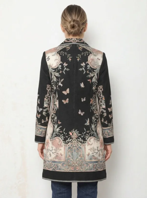 Women's Vintage Floral Butterfly Baroque Printed Long Blazer