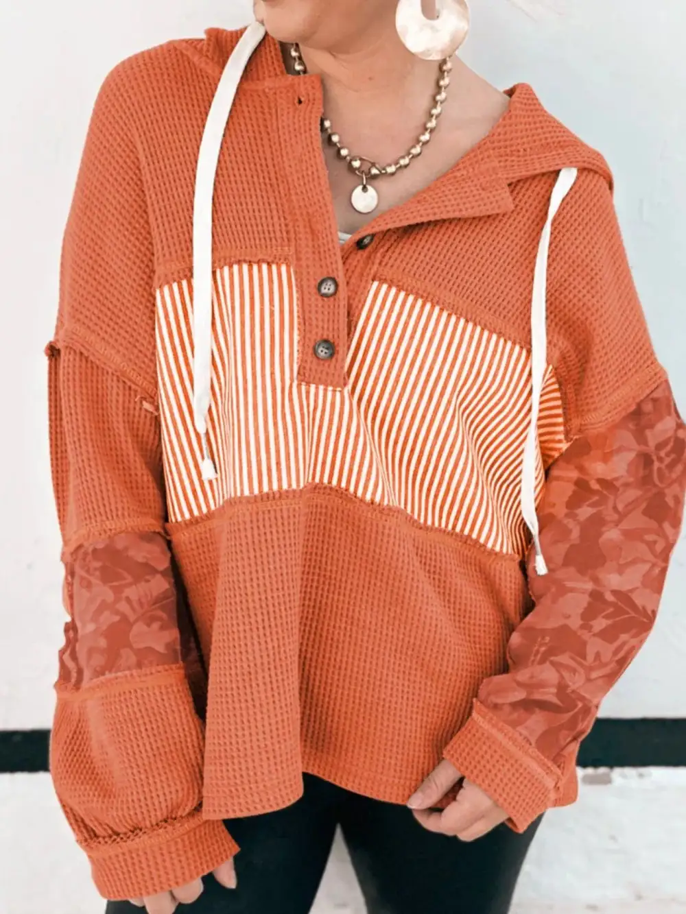 Refined Drawstring Buttoned Waffle-Textured Knit Hoodie