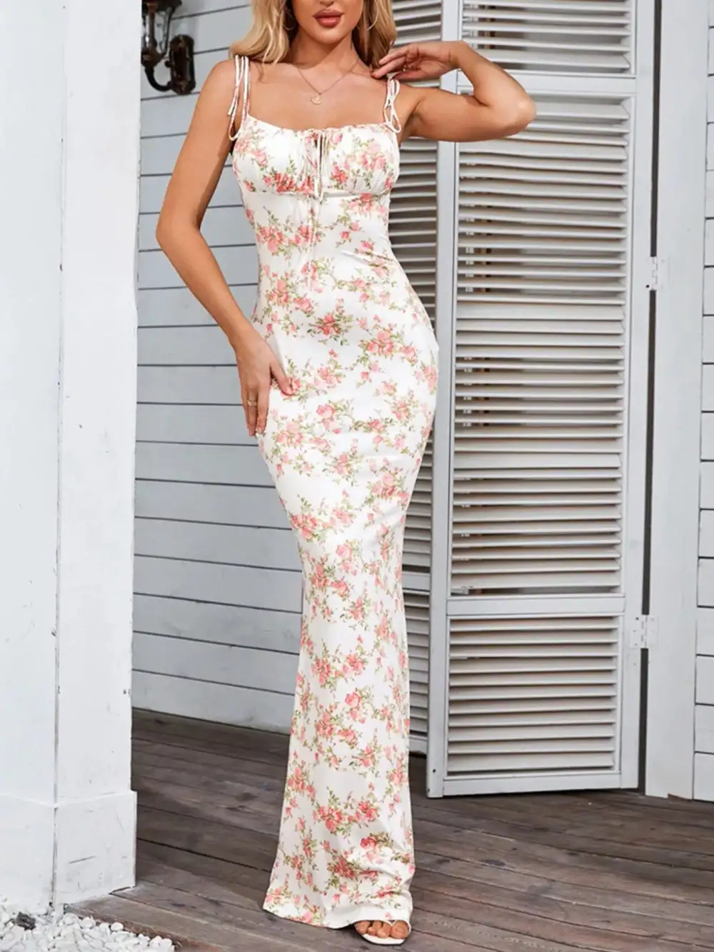 Floral Print Tie Strap Bodycon Maxi Dress
