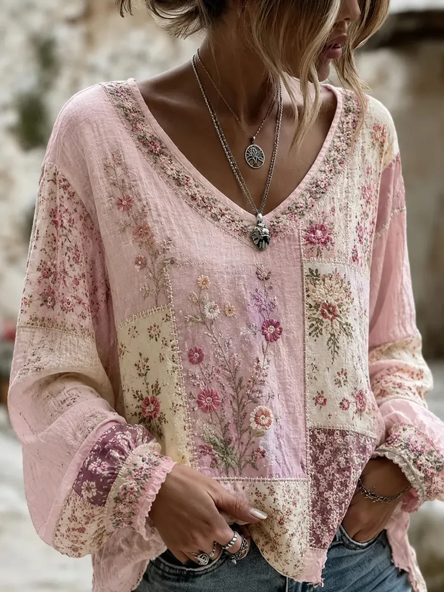 Women's Floral Cotton Linen Top
