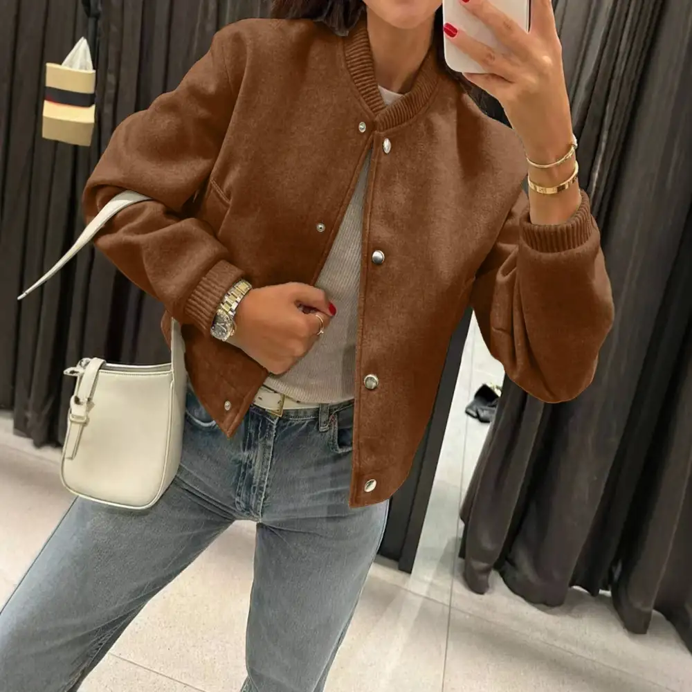 Cropped Teddy Ribbed Trim Bomber Jacket
