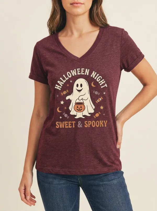 Women's Halloween Ghost Candy Pumpkin Printed V-neck T-shirt