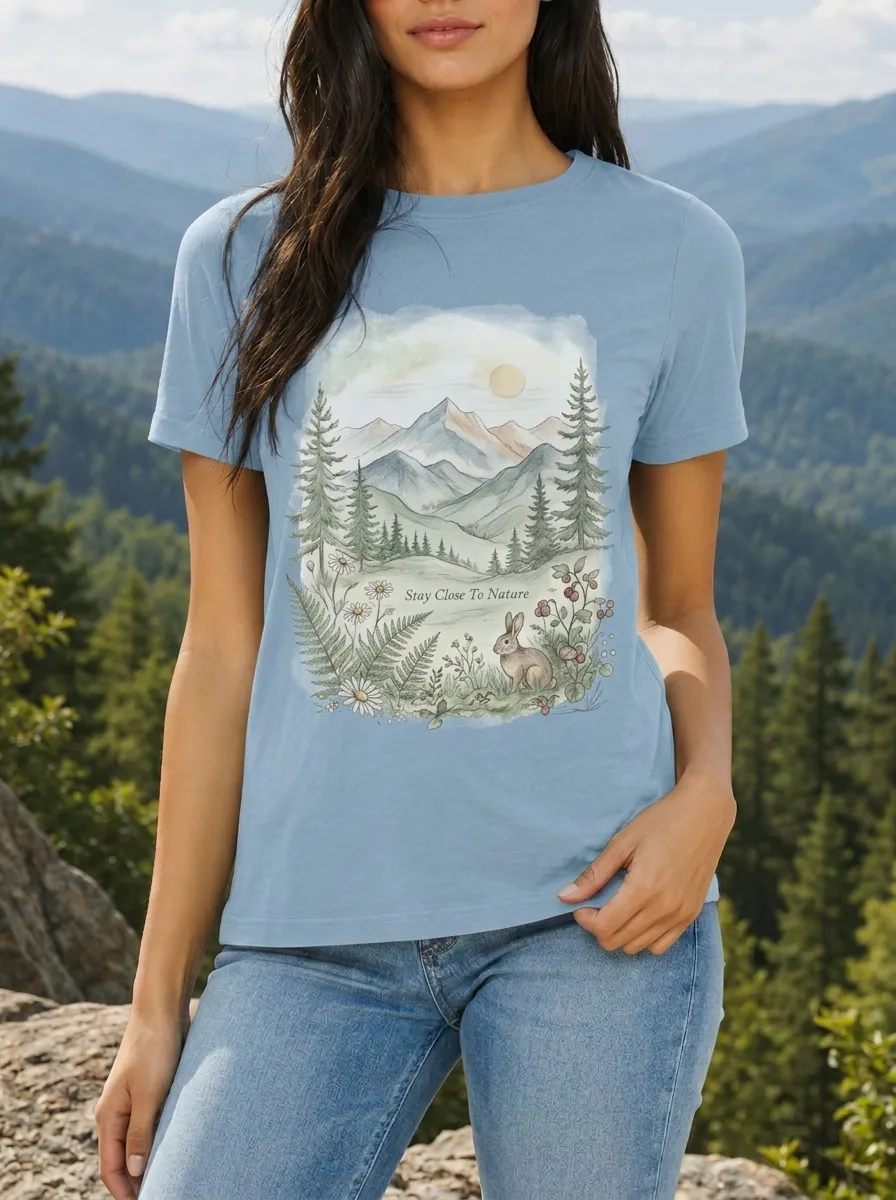 Women's Nature Lover Mountain Rabbit Forest Printed T-shirt