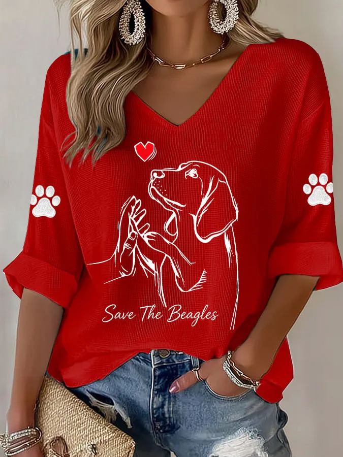 Women's Save The Beagles Print V Neck Top