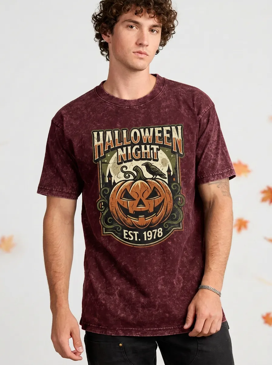 Men's Halloween Night Pumpkin Raven Graphic Printed T-shirt