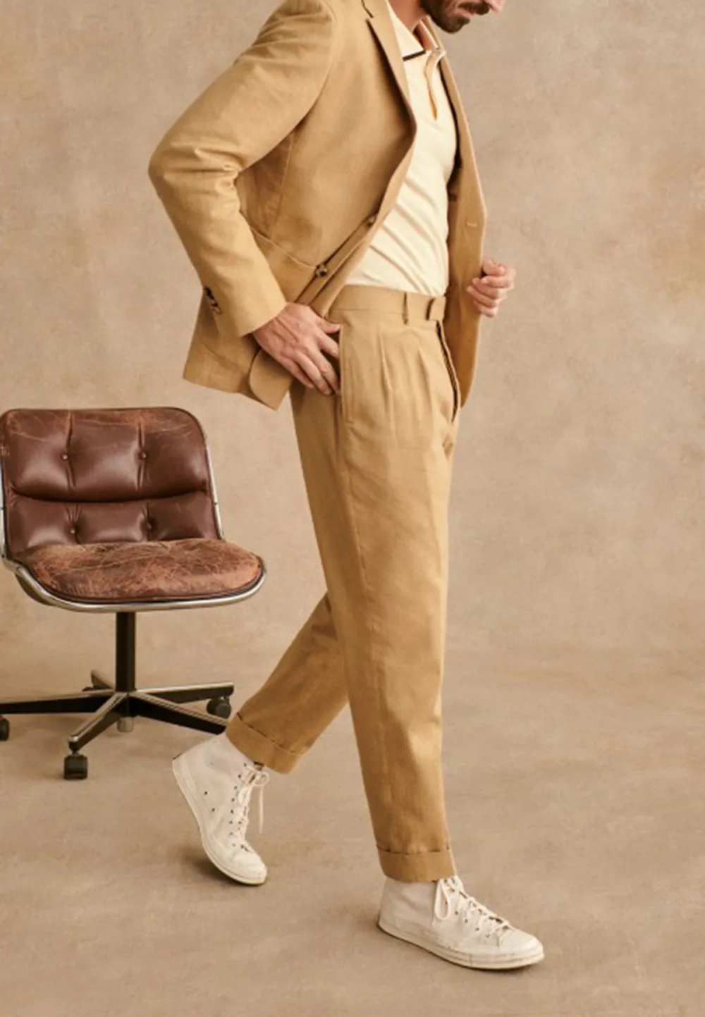 Sand Beige Linen Blend Tailored Unstructured Blazer