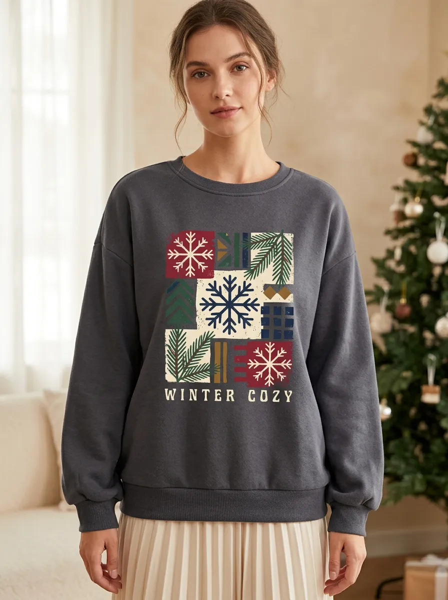Christmas Winter Cozy Snowflake Pine Print Sweatshirt