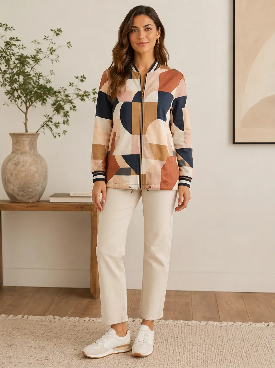 Women's Geometric Abstract Drawstring Hem Bomber Jacket