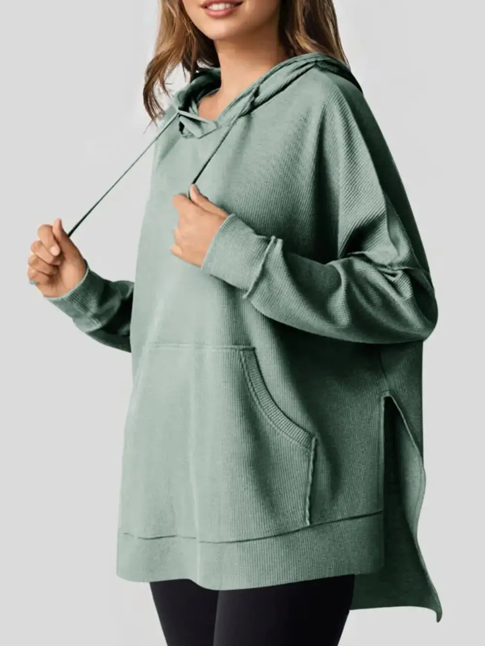 Tailored Drawstring Pocketed Waffle-Textured Knit Hoodie