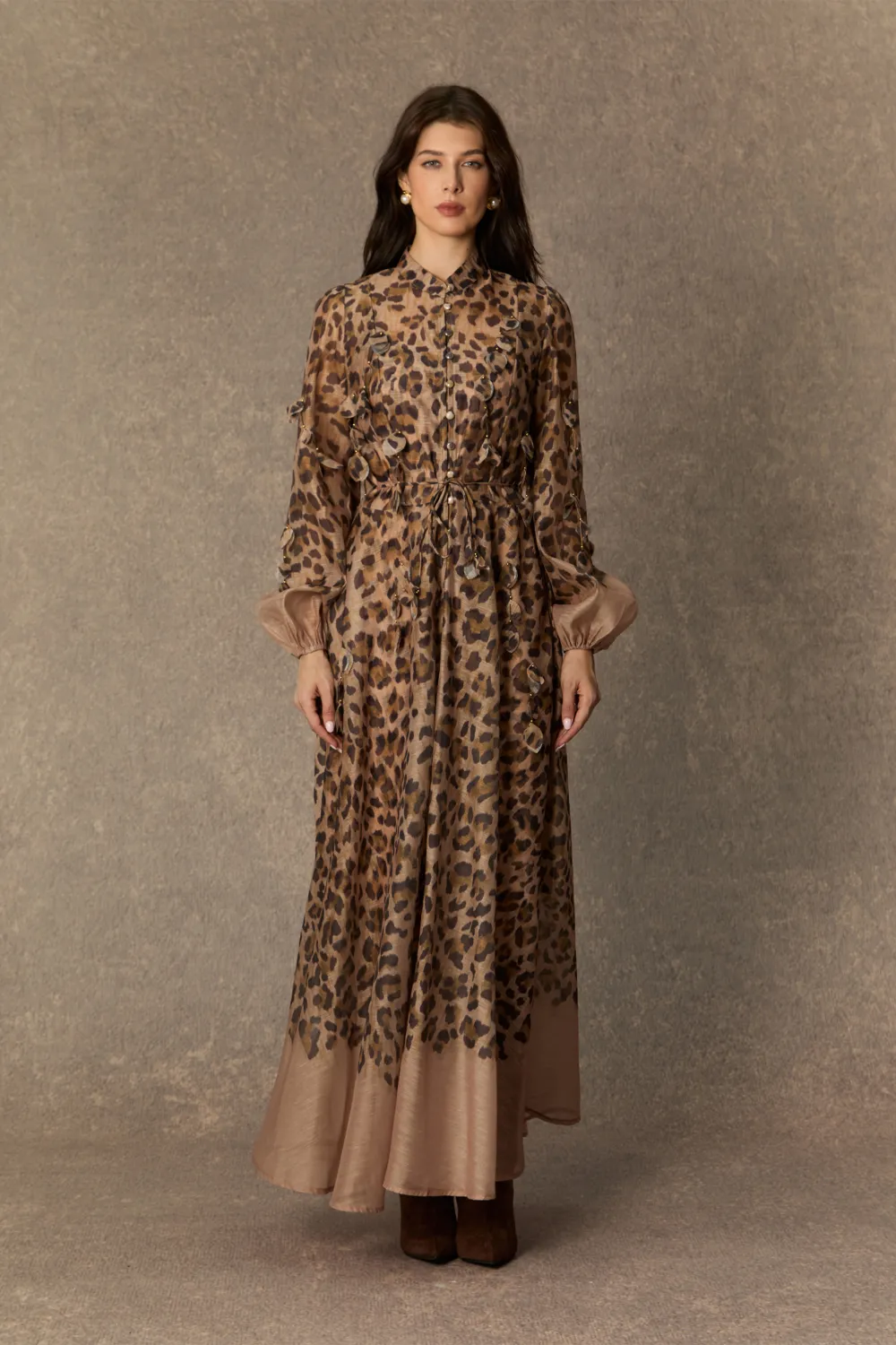 Infinite Praise Brown Leopard Print Leaf Applique Maxi Dress