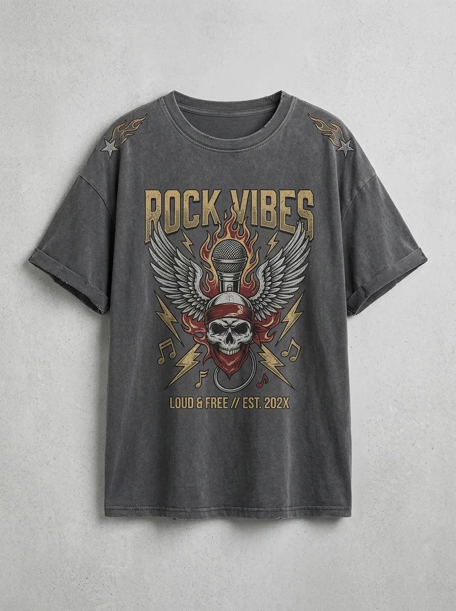 Unisex Rock Music Lover Winged Skull Microphone Printed T-shirt