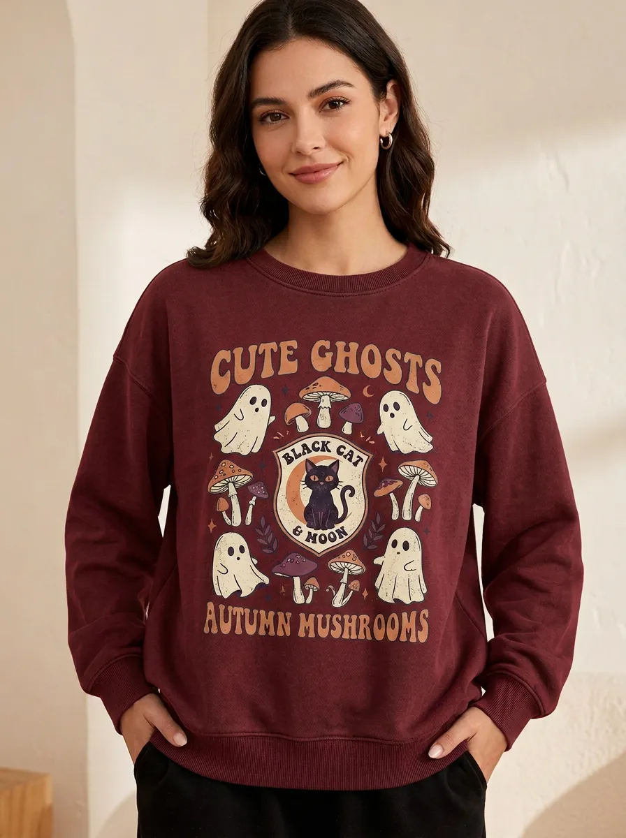 Women's Halloween Ghost Black Cat Mushroom Printed Sweatshirt