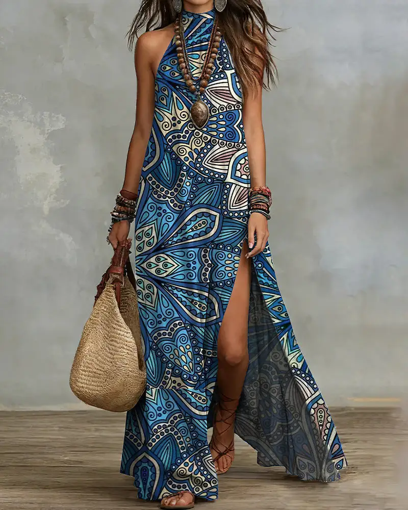 Boho Halter Neck High Slit Maxi Dress