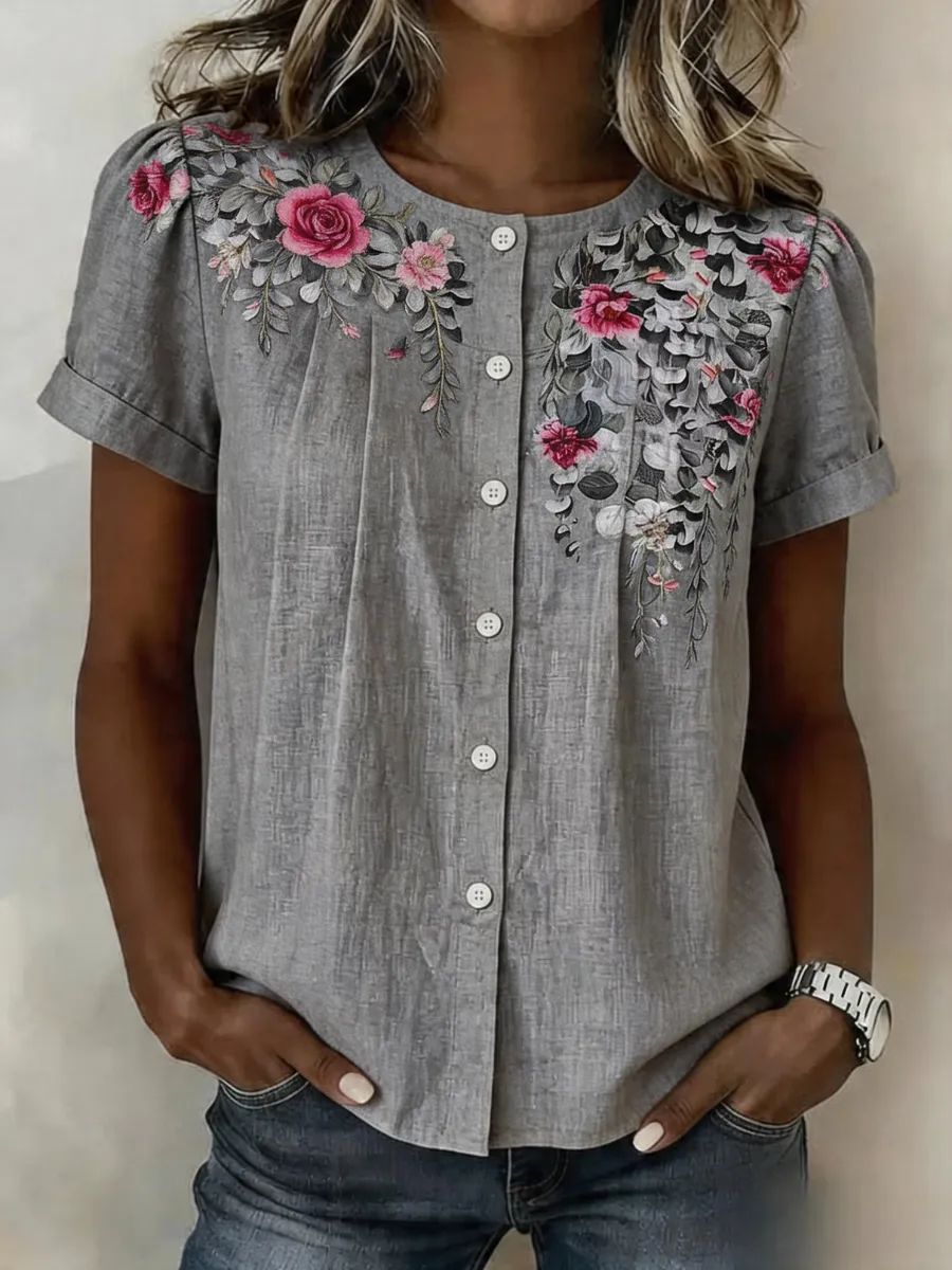 Women's Cotton And Linen Printed Cutout Shirt
